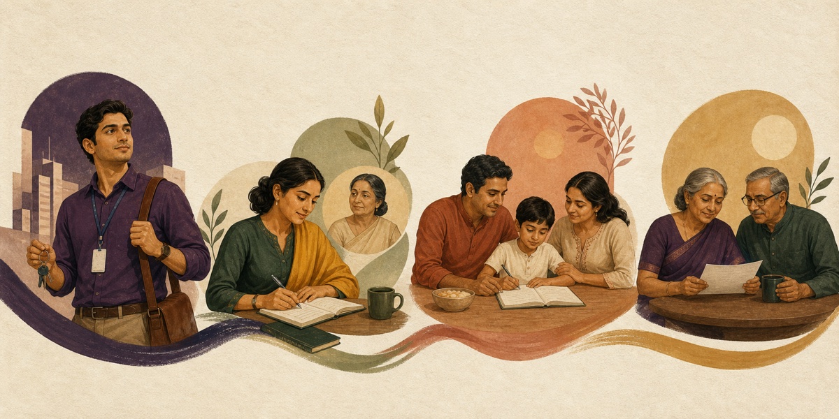 Indian investors at different life stages—from a young professional and a working woman caring for a parent, to young parents and a retired couple.